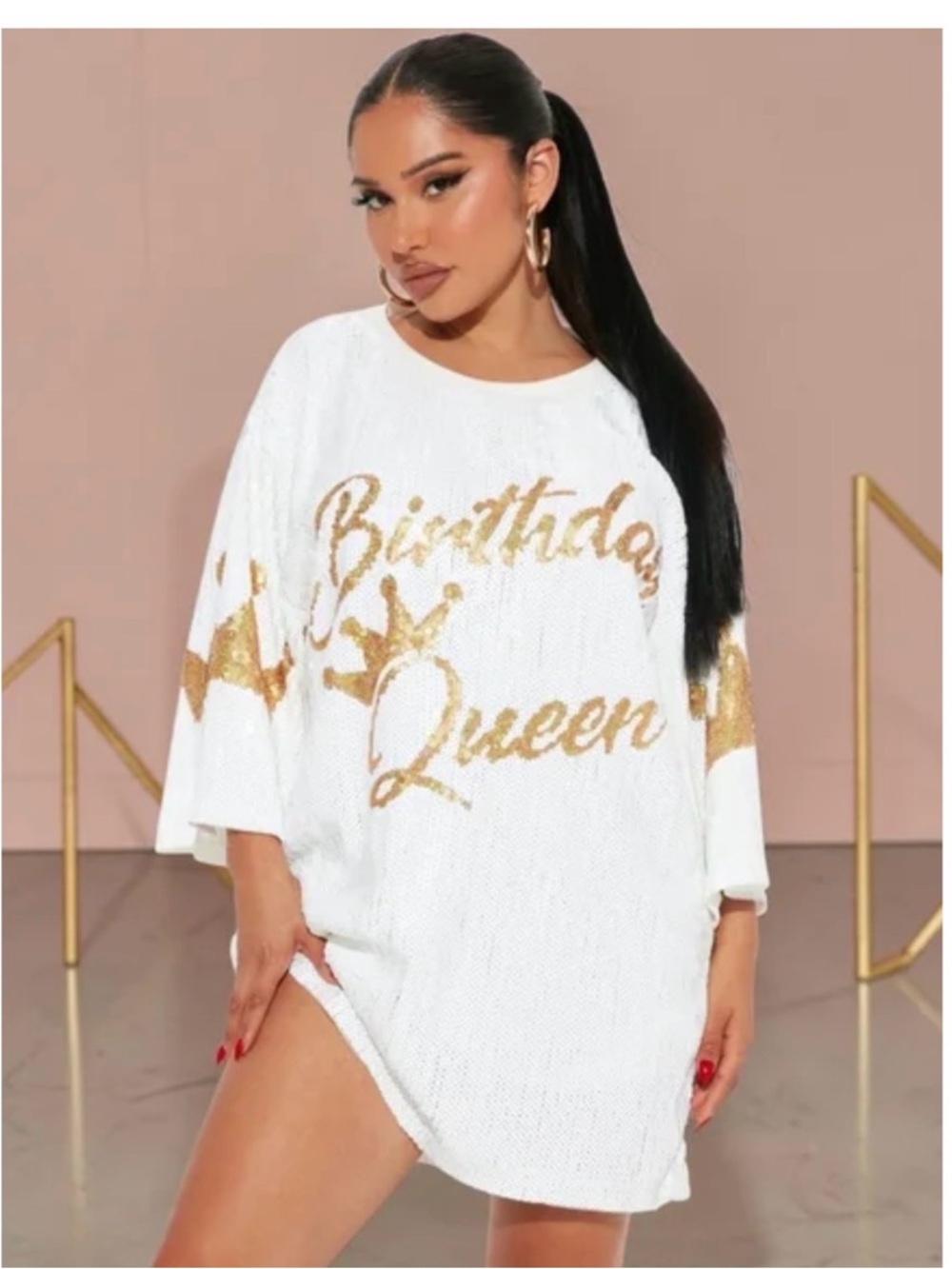 Fashion Nova White Sequin 'Birthday Queen' Top with Gold Script NWT